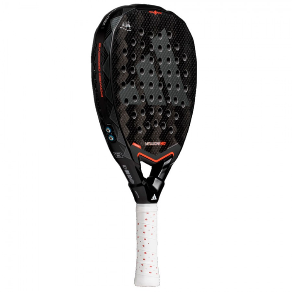 Padel racket with black and white design on a white background