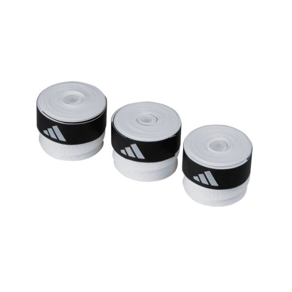 White Adidas overgrip rolls for padel, pickleball, and beach tennis, displayed in a product box.