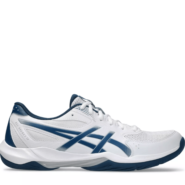 White and blue athletic shoe on a white background