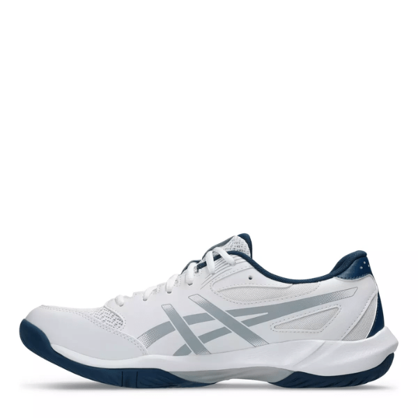 White athletic shoe with blue accents on a white background