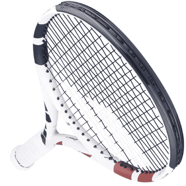 Tennis racket with white frame and black strings on a white background