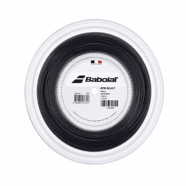 Babolat RPM Blast 17G black co-polyester tennis string reel.