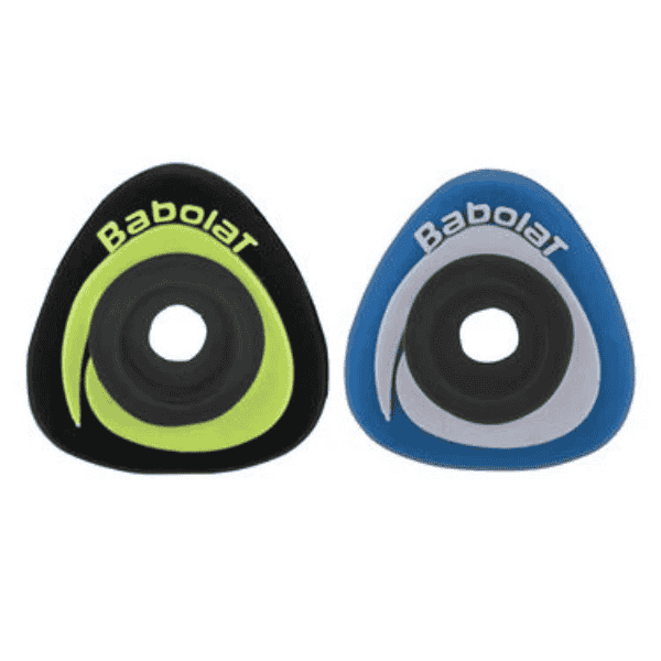 Two triangular rubber bails with green and blue color schemes on a white background, branded 'Babolat'.