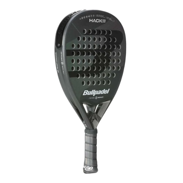 Black Bullpadel racket with 'Hack' branding on a white background