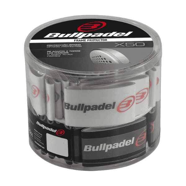Bullpadel frame protector packaging with multiple protectors inside on a white background