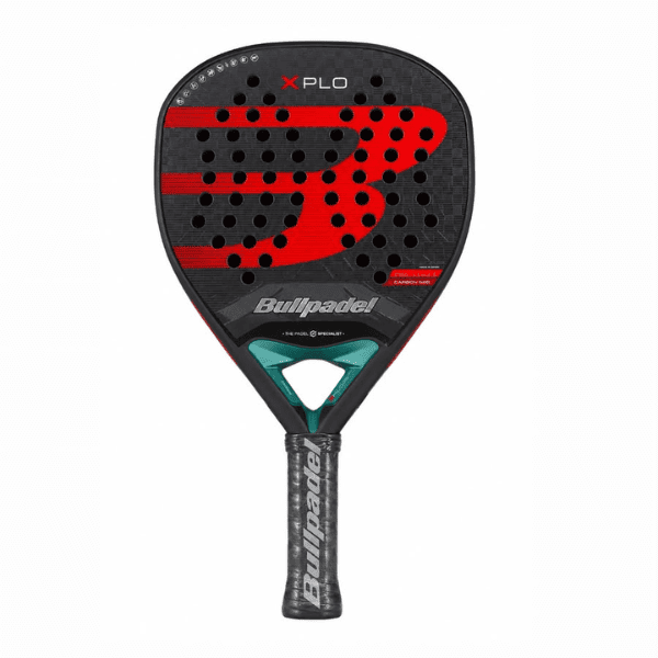 Bullpadel XPLO padel racket featuring a black carbon fiber face with bold red graphics, teal bridge accents, and a textured grip, designed for powerful attacking performance and advanced players.