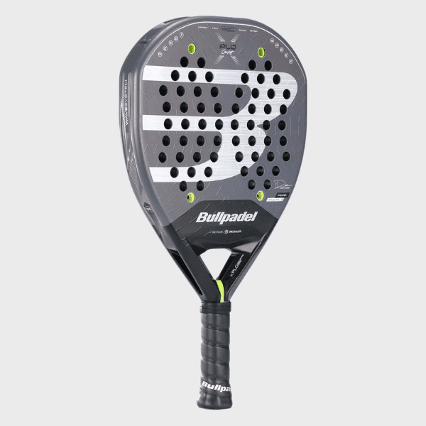 A Bullpadel paddle in black and gray with white graphic accents and small neon yellow-green details, shown against a light gray background.