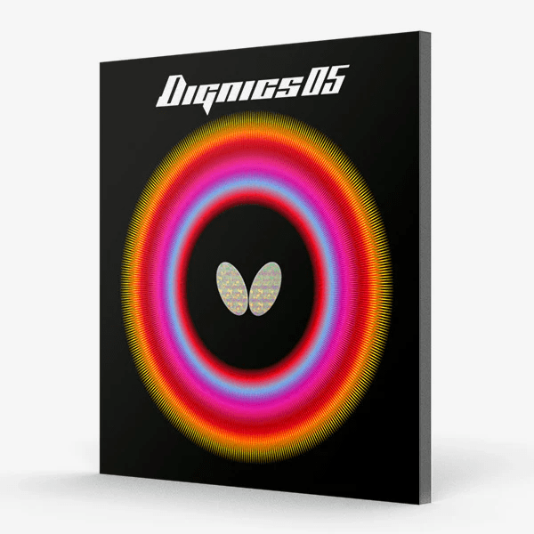 Butterfly table tennis racket with colorful circular design and 'Dignics 05' branding on a black background.