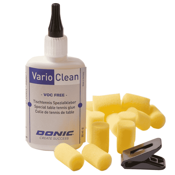 Vario Clean bottle with yellow table tennis putty and a clip on a white background