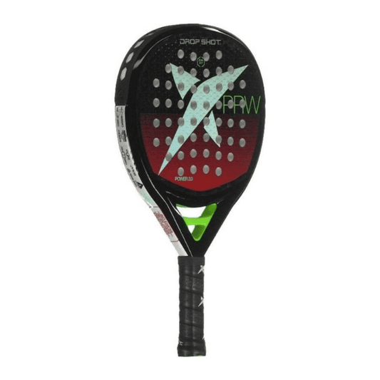 Drop Shot Power 2.0 padel racket with a black carbon-fiber surface, bold red and silver lightning graphics, green accents