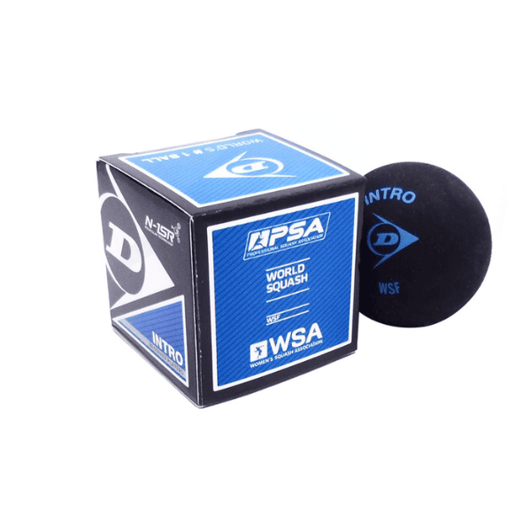 Dunlop Blue Dot squash ball designed for intermediate players, offering moderate bounce and consistent performance for practice and match play.