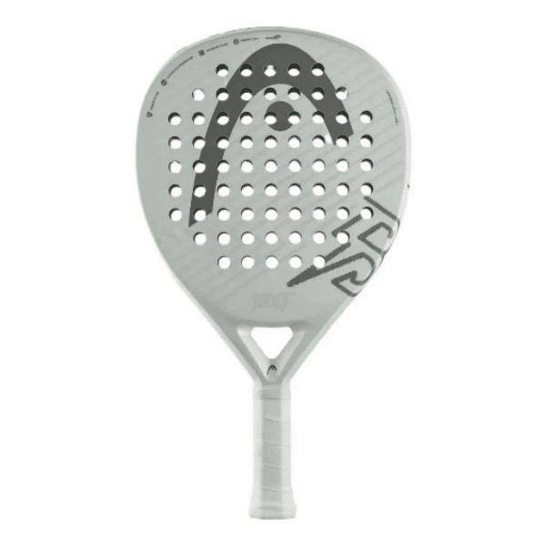 HEAD Bolt padel racket in white and light gray with a teardrop-shaped frame, black HEAD logo, perforated fiberglass face, and white grip, designed for beginner to intermediate padel players.