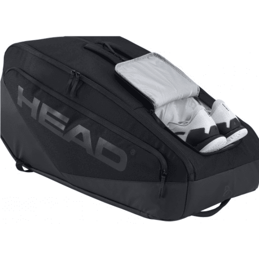HEAD Pro X Racquet Bag L in black, premium tennis racquet bag with multiple compartments, durable construction, and adjustable shoulder straps for organized storage and comfortable carrying.