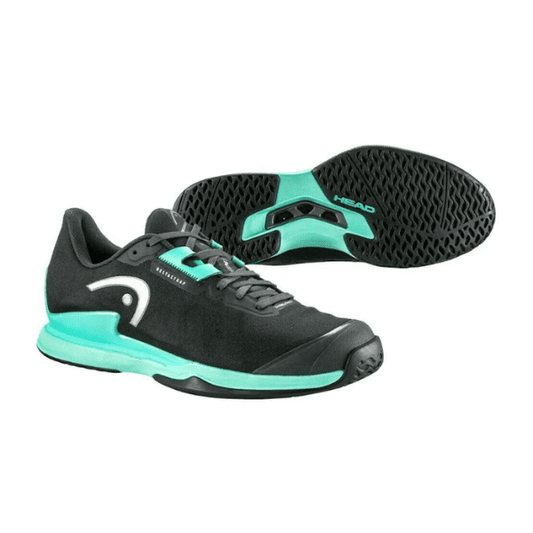 HEAD Sprint Pro 3.5 men’s tennis shoes in black and teal with cushioned sole and lace-up design.