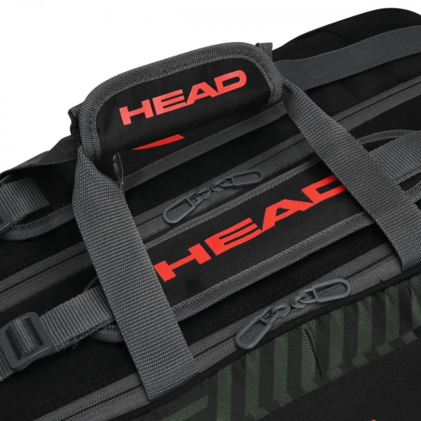 Close-up of a black sports bag with 'HEAD' branding on a white background