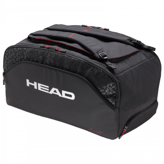 Black duffel bag with 'HEAD' branding on a white background