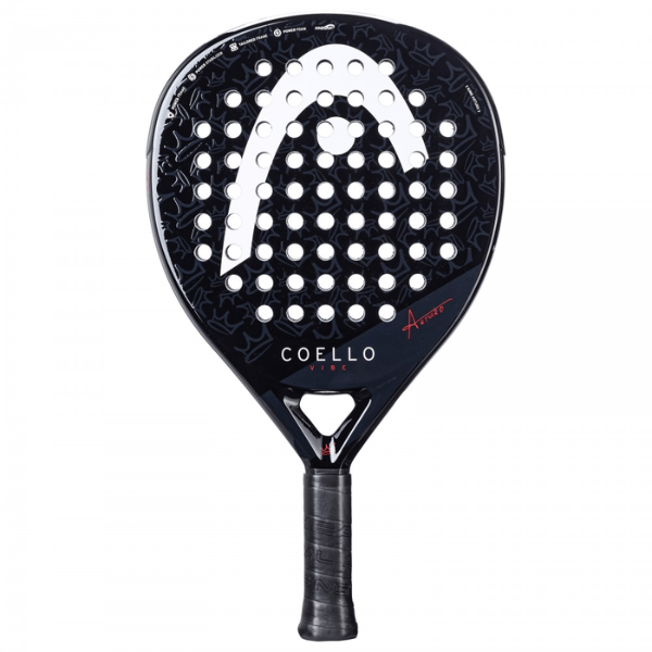 Black and white racket with visible brand logo on a white background