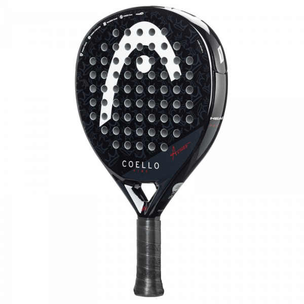 Black and silver tennis racket with visible branding on a white background
