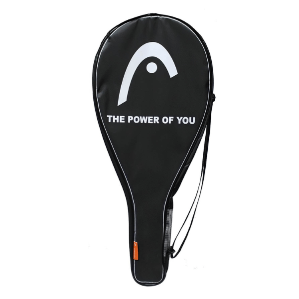 Black tennis racket cover with 'The Power of You' text and logo on a white background