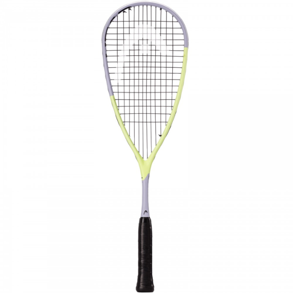 Squash racket with a yellow shaft and black handle on a white background