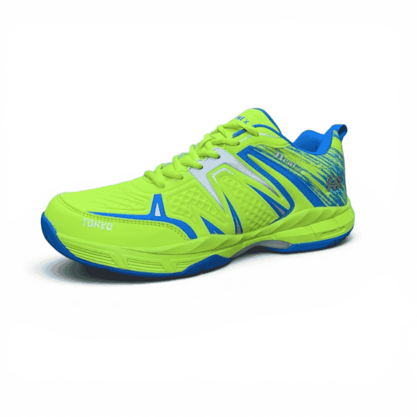 Heat X Tokyo indoor court shoe in lime green and blue featuring a cushioned sole, breathable upper, and non-marking rubber outsole, displayed on a white background.