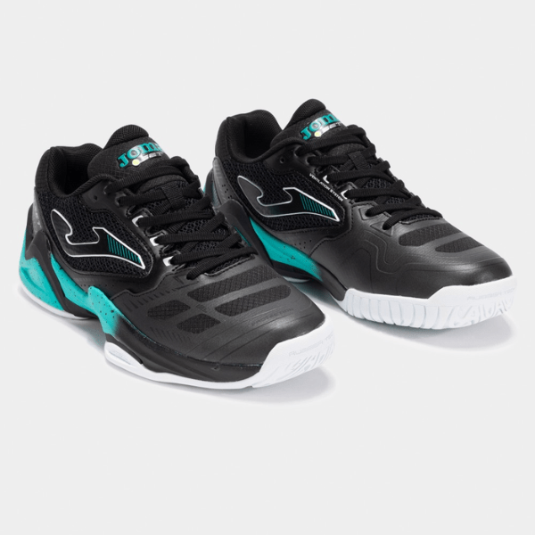 Black and teal athletic shoes on a light gray background