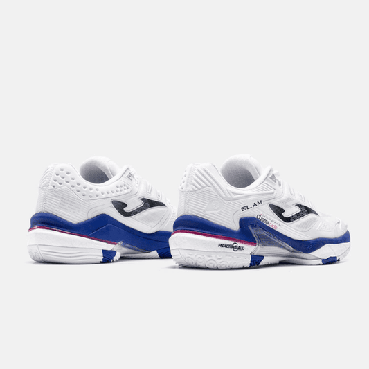 Joma Slam 2612 padel shoes in white and blue, designed for comfort, grip, and stability on the padel court