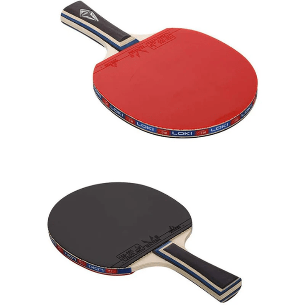 Two table tennis paddles, one red and one black, on a white background.