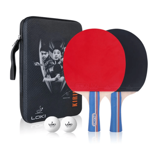 Table tennis paddle set with red and black paddles, blue handles, and three white balls on a white background. Loki brand visible.