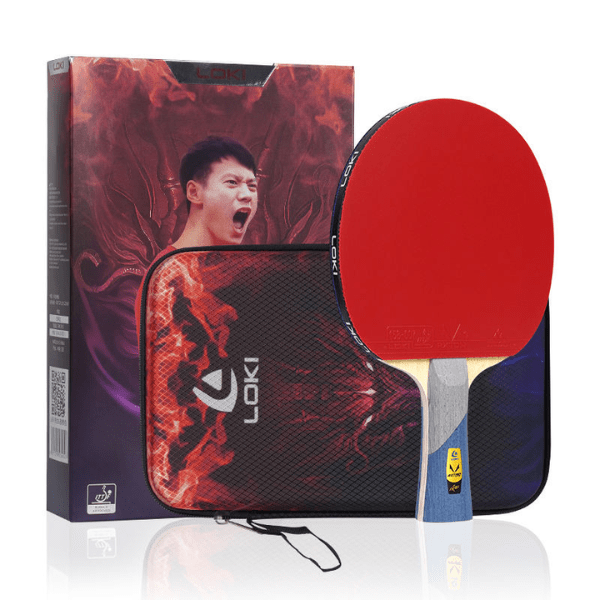 Table tennis racket with red and blue design and black case featuring a player, Loki brand visible