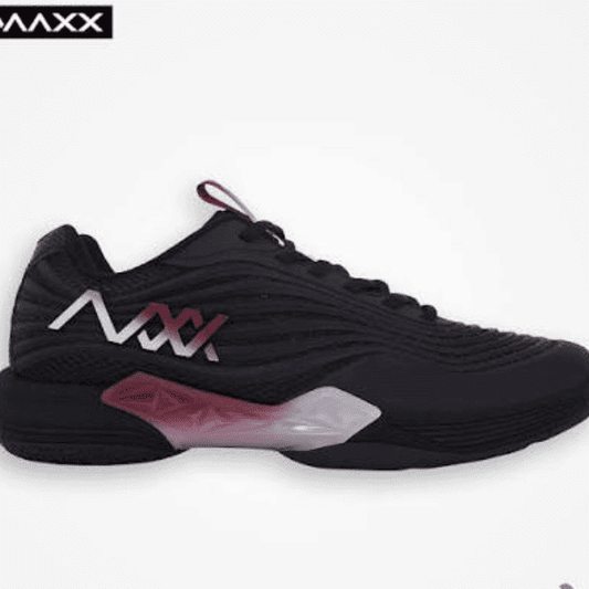 MAXX Vela 3 black badminton shoes designed for indoor court performance and stability.