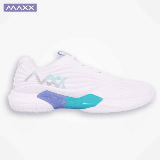 MAXX Vela 3 white badminton shoes designed for indoor court performance, comfort, and stability