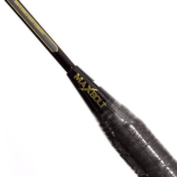 Maxbolt Thunderbolt Praveen Jordan badminton racket with a lightweight frame and flexible shaft in black.