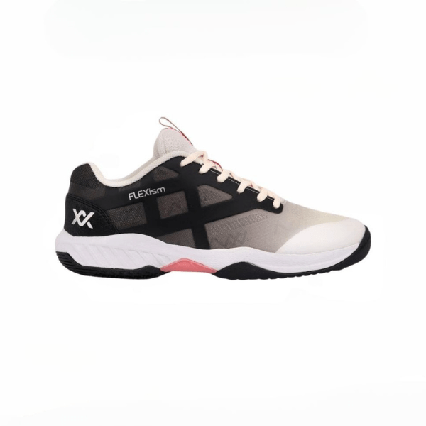 Black and white athletic shoe with pink accents on a white background