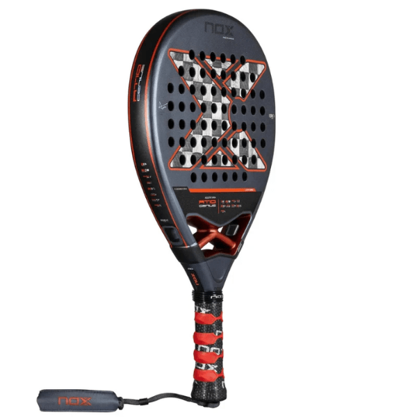 Padel racket with black and red design on a white background