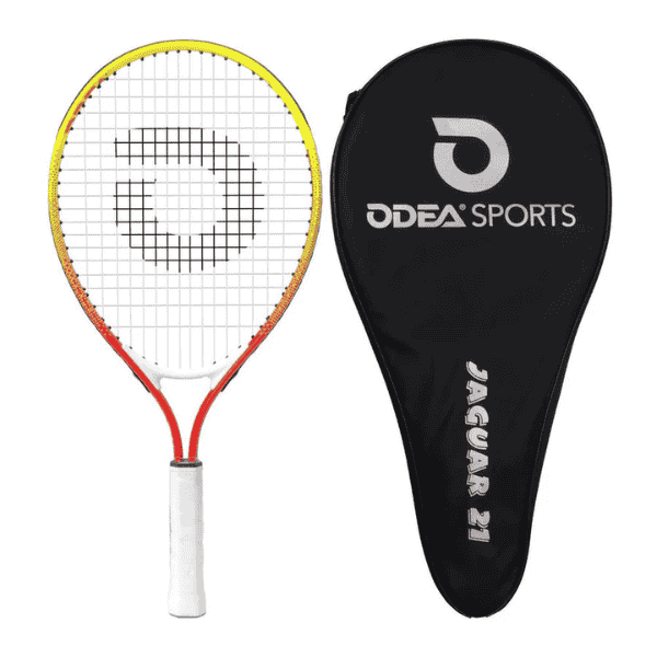 Tennis racket with black cover featuring ODEA Sports logo on a white background