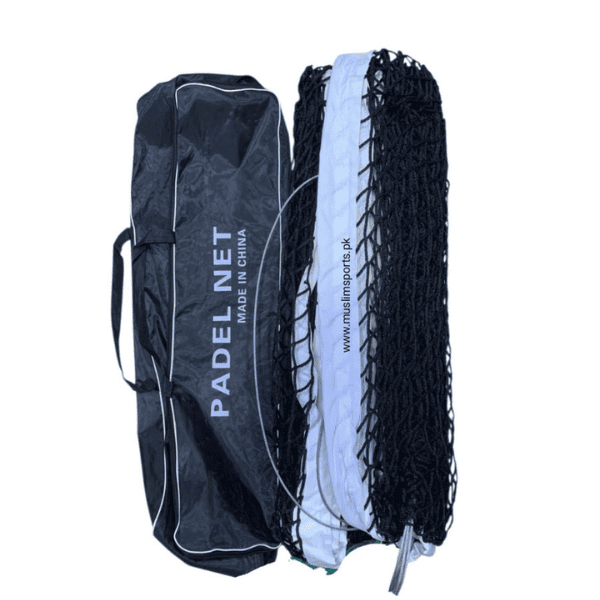 Portable padel tennis net set with black carry bag and reinforced black-and-white net for training and recreational play.