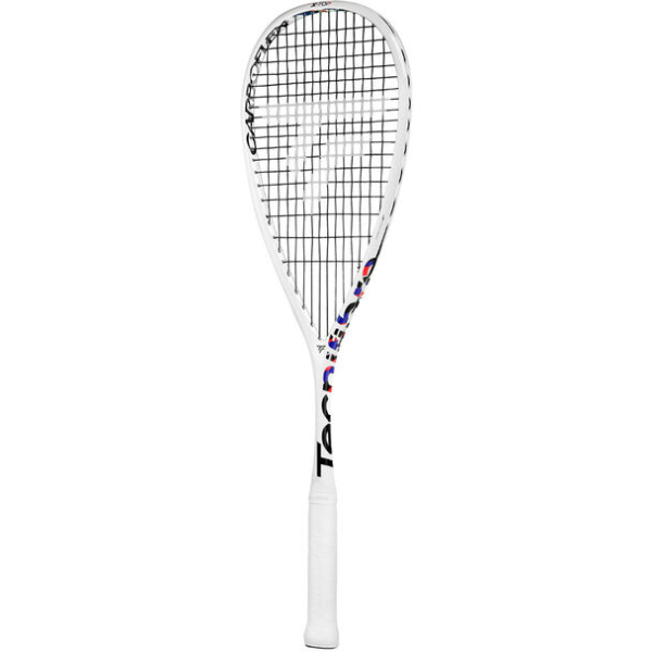 White squash racket with black and blue design on a white background