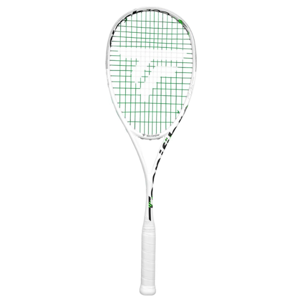 White tennis racket with green grid pattern on a white background