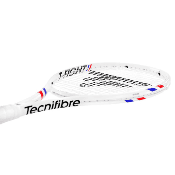 Tecnifibre T-Fight 270 graphite tennis racket with a white, red, and blue frame, 100 sq. in. head, lightweight 270g design