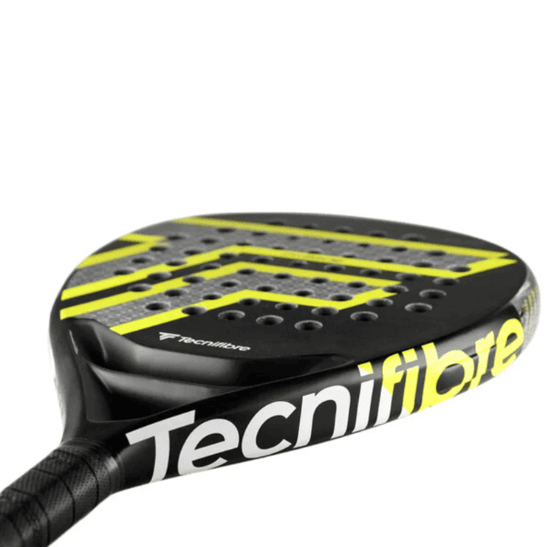 Tecnifibre Wall Breaker 360 padel racket with black and yellow frame, carbon fiber construction, and teardrop-shaped head.