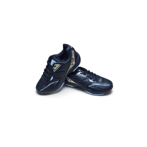 VS 2320S black indoor court shoes with blue and gold accents, lace-up closure, and sporty design for badminton and indoor sports.