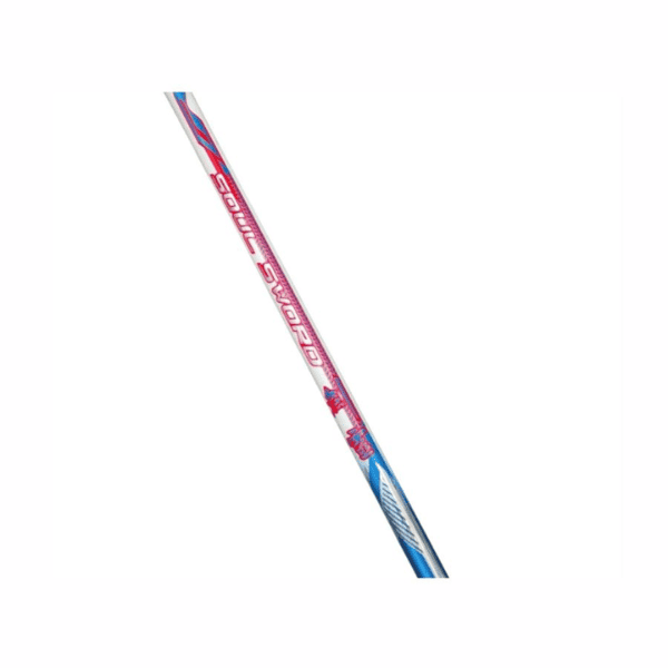VS badminton racket featuring a white frame with blue and pink accents, lightweight graphite composite construction