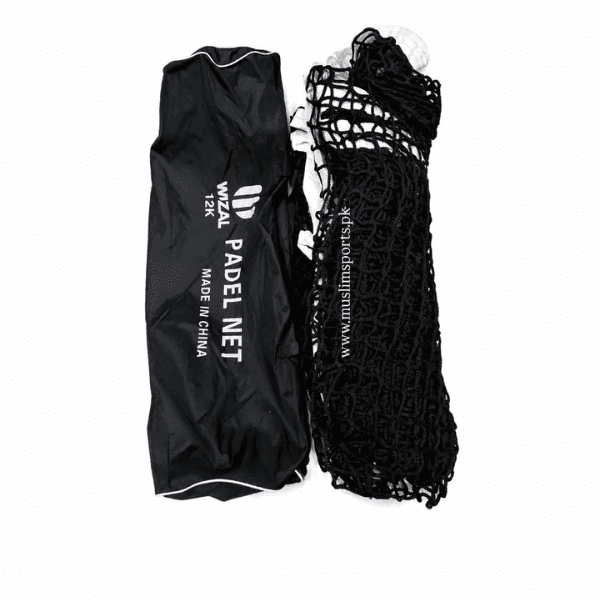 Wizal 12K padel net with durable black PE mesh, reinforced white top band, and black carry bag for easy storage and transport.