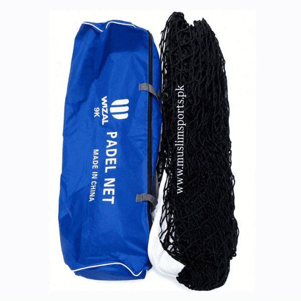 Wizal 9K padel net with durable black PE mesh, reinforced white headband, and blue zippered carry bag for convenient storage and transport.