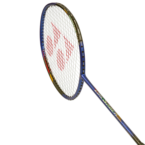 Badminton racket with a blue frame and red logo on a white background