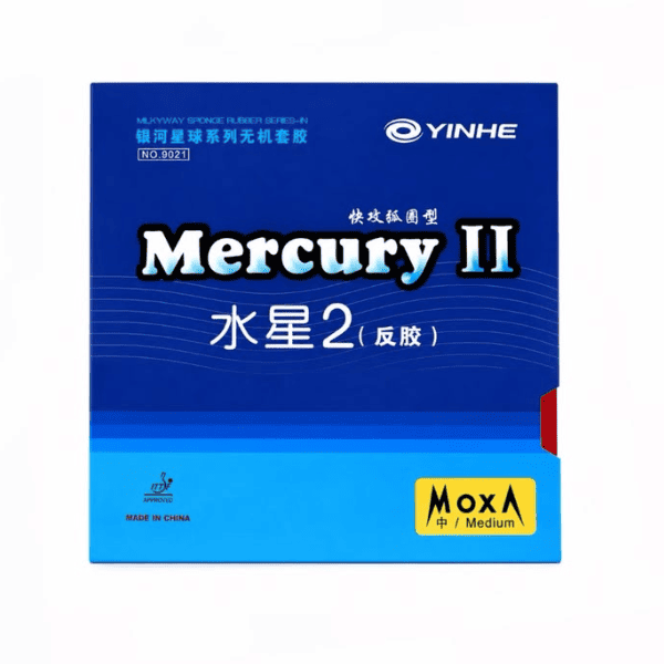 YINHE Mercury II table tennis rubber with a blue retail package, featuring a medium sponge hardness (MOXA Medium), ITTF approval, and designed for spin, control, and offensive play.