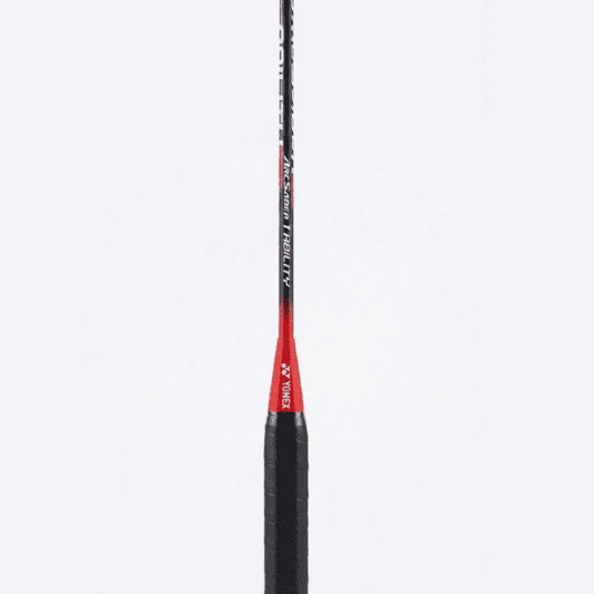 Yonex Arcsaber 1 Ability badminton racket in black and red with red strings, black grip, and white background.