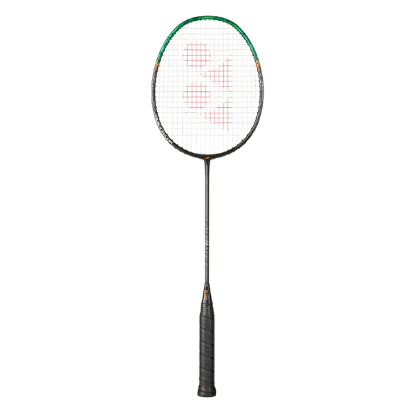 Badminton racket with a white string pattern on a white background