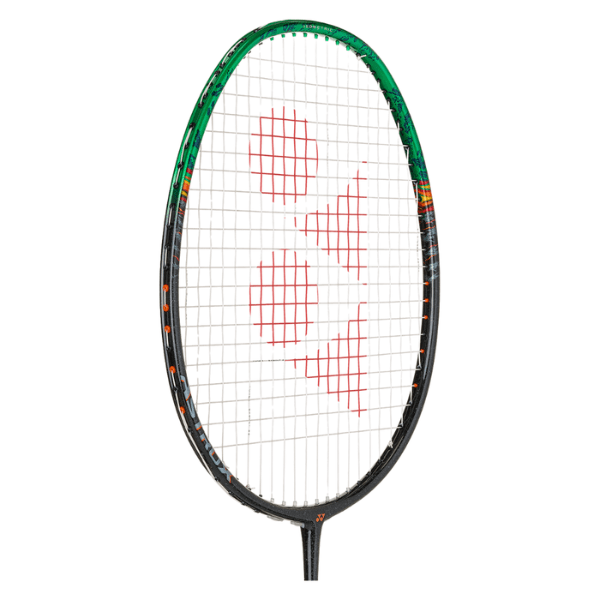 Tennis racket with a white strings pattern on a white background